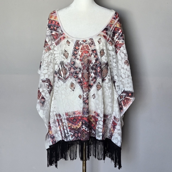 Western Boho Lightweight Poncho Top Swim Beach Coverup with Fringe O/S - Picture 2 of 7